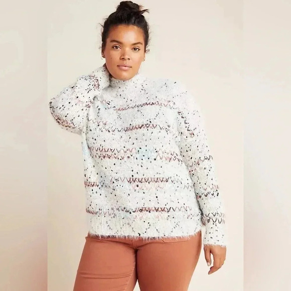 Anthropologie RAGA L Faye Mock Neck Eyelash Sweater Metallic Accent Threads - Picture 1 of 11